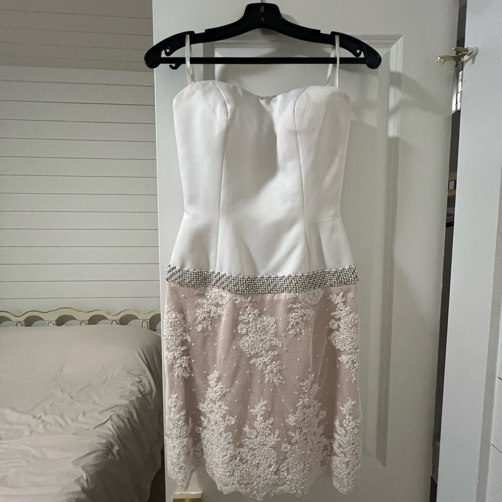 JOVANI Elegant White and Pink Strapless Dress